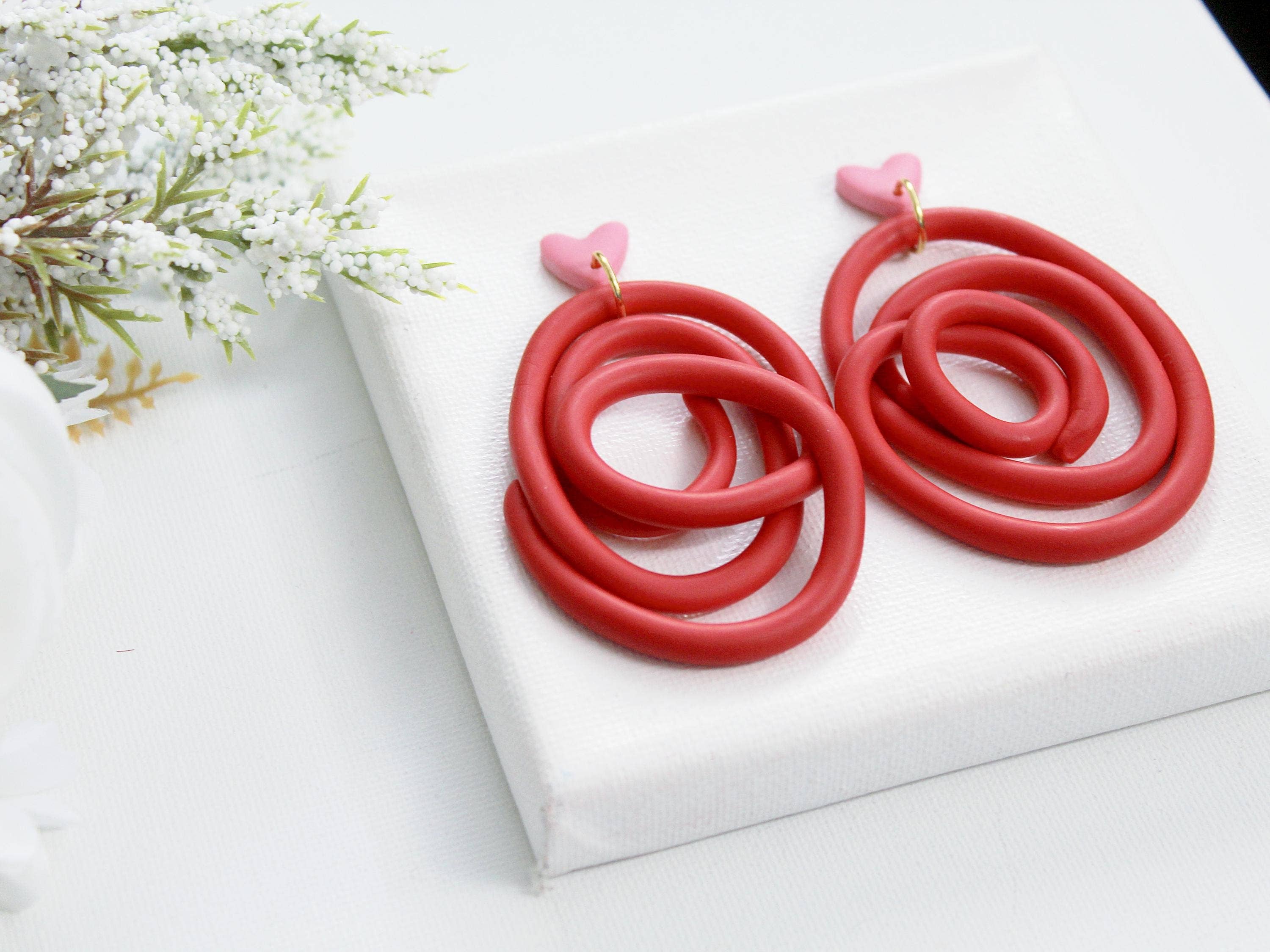 Studio Niani - Wholesale Dangle Earrings - Red Spiral Polymer Clay Earrings with Pink Heart Studs, Gift3