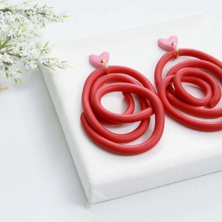 Studio Niani - Wholesale Dangle Earrings - Red Spiral Polymer Clay Earrings with Pink Heart Studs, Gift3