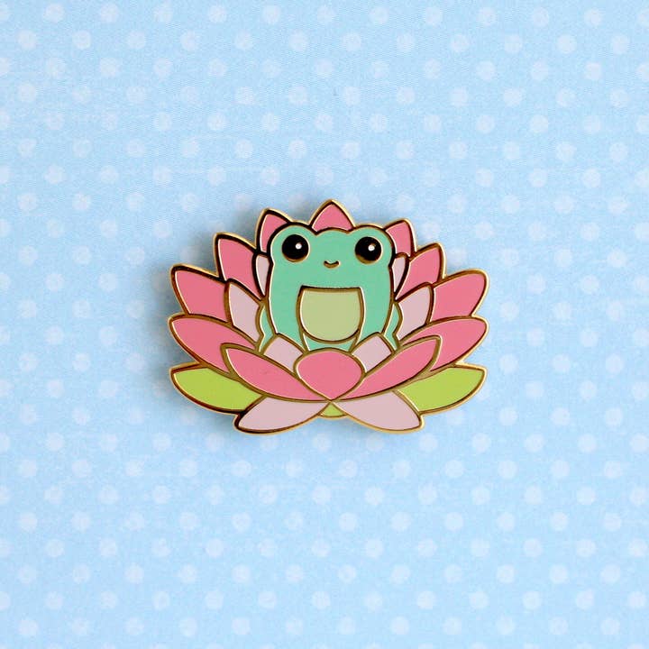 Pink Lotus Flower Frog Enamel Pin. Woodland Animal Pin for wholesale by Wild Whimsy Woolies