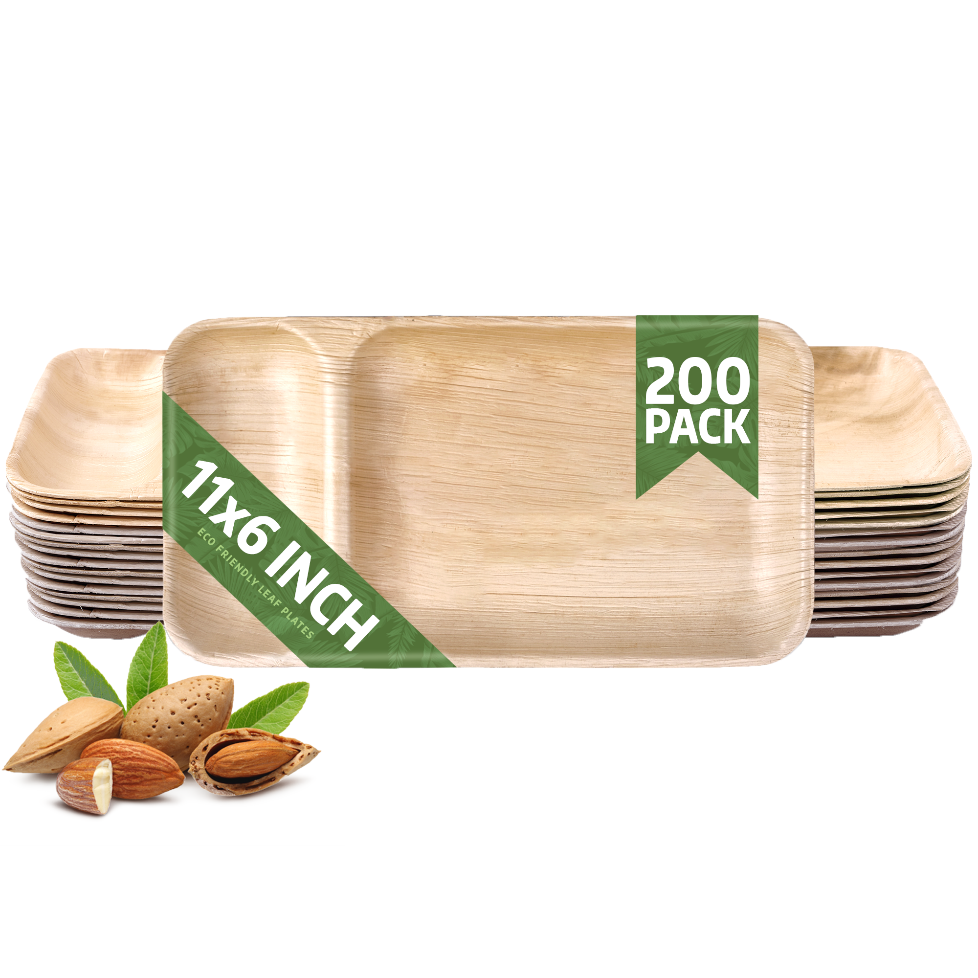 Eko Future - Venta al por mayor Platos desechables - Platos rectangulares de hoja de palma con 2 compartimentos, 11 x 6 pulgadas (200 unidades/caja)0