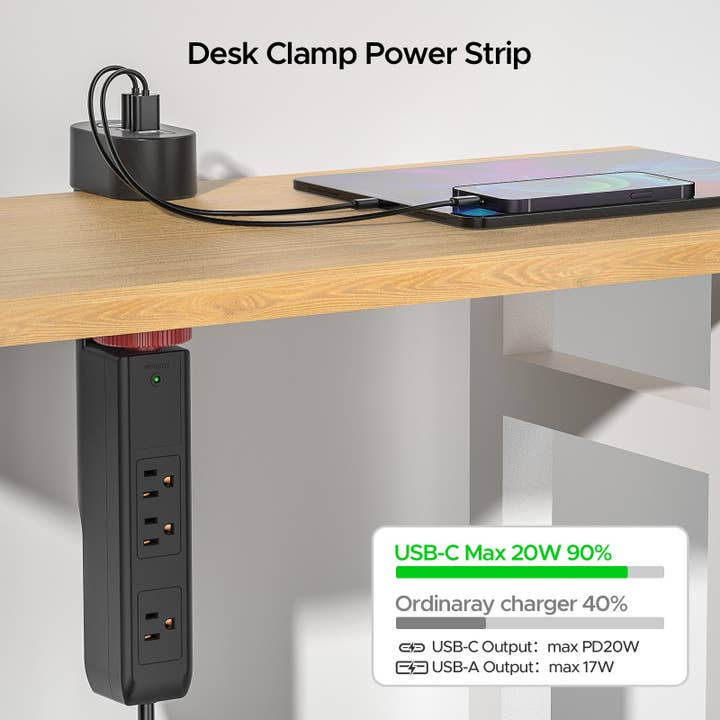 Rocket Socket Technology - Wholesale Power Adapter - Desk Clamp Power Strip with USB-C Port, 1020J Surge Protector with 20W PD Fast Charging,3 Wide-Spaced Outlets Desktop Edge Mount Power Strip with Flat Plug, 6FT Cord, Fits Tables Up to 2 Inches