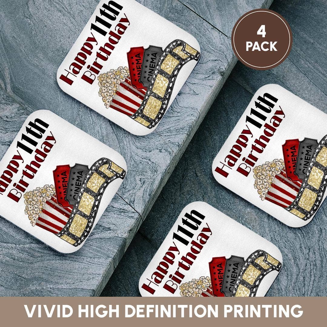 3dRose - Wholesale Coasters - 3dRose, Cute Movie Cinema Themed Happy 11th Birthday, Coaster12