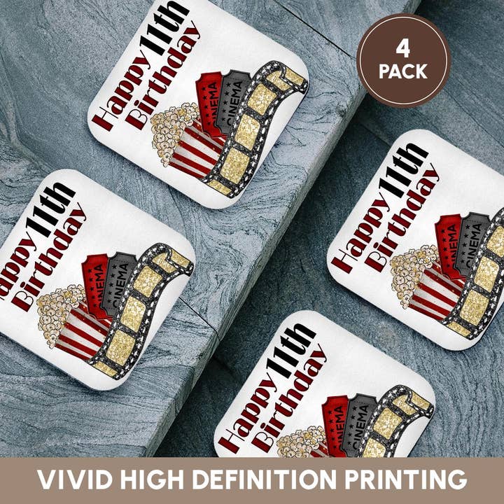 3dRose - Wholesale Coasters - 3dRose, Cute Movie Cinema Themed Happy 11th Birthday, Coaster12