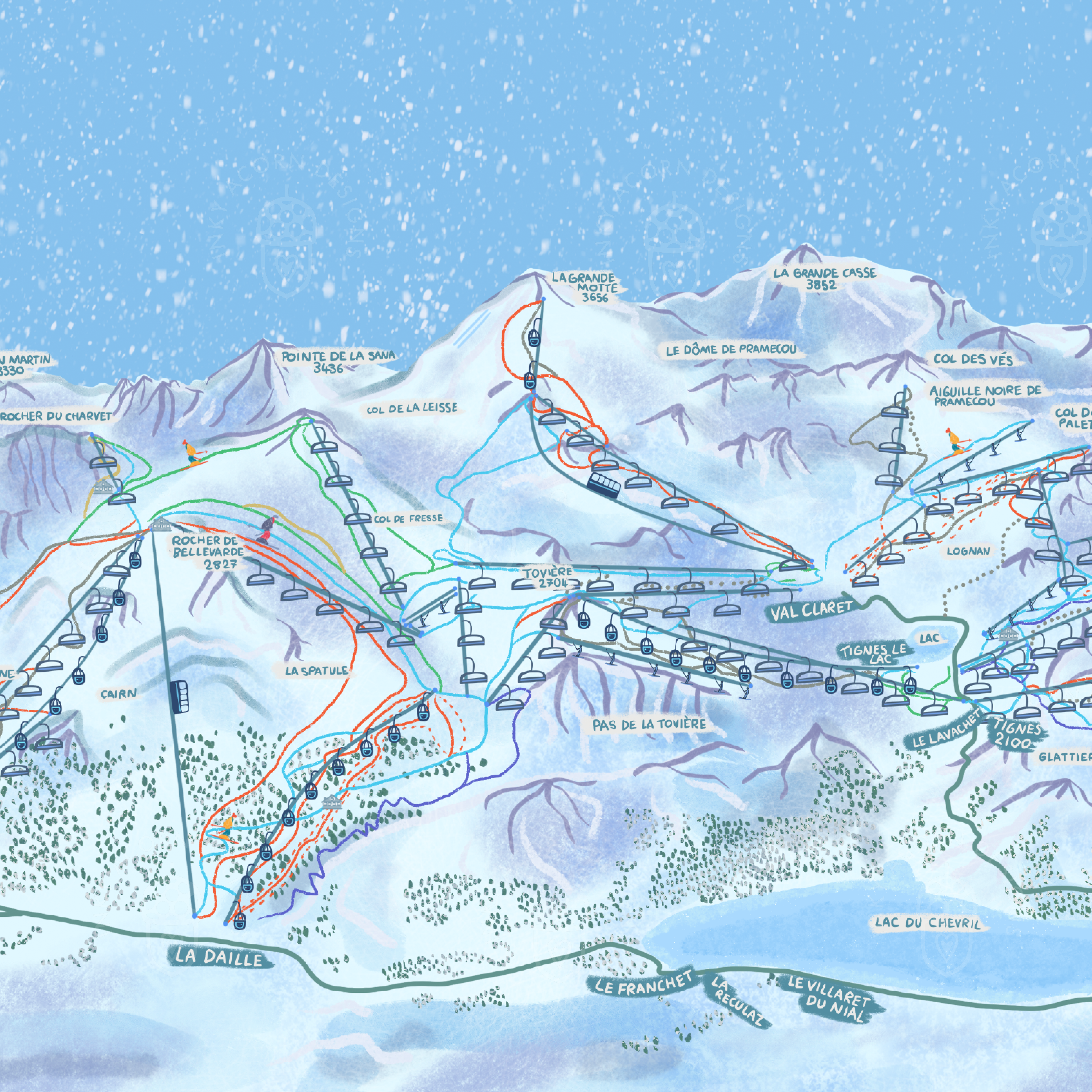 Inky Acorn Designs - Wholesale Art Print - Val D'Isere Map / Tignes Map - Illustrated Ski Map3