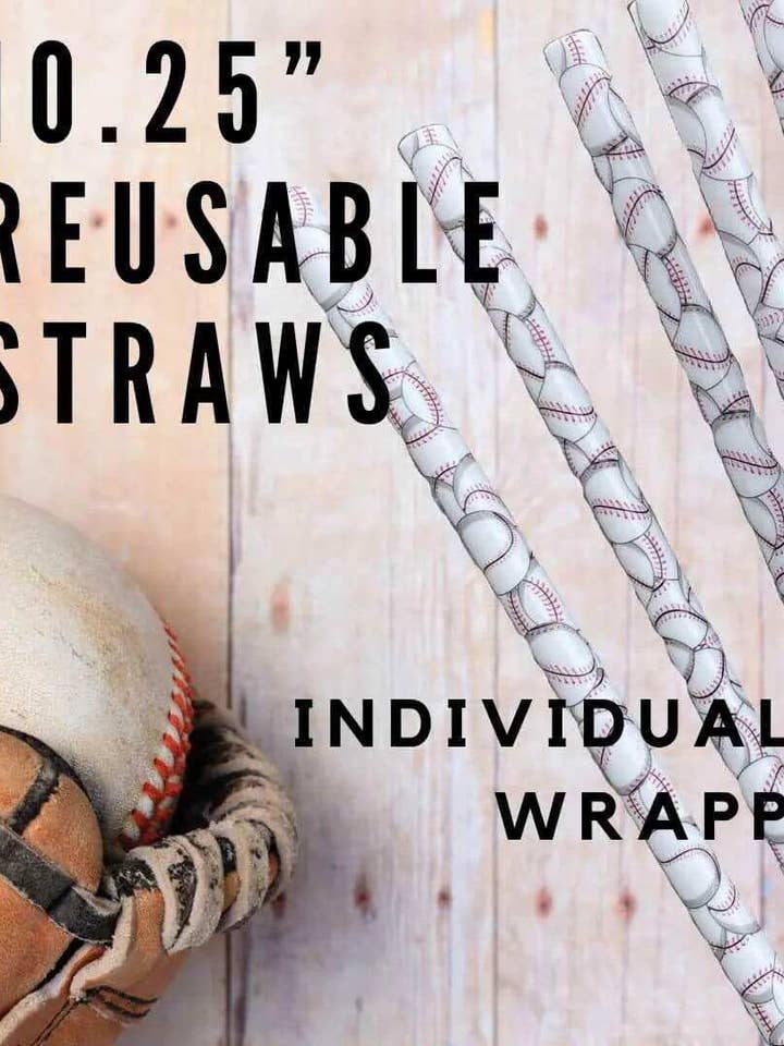 Baseball 10.25" Long Printed Plastic Straws ~ IND WRAPPED for wholesale by Sip Sleeves ~ Insulated Cup Sleeves and Drink Accessories