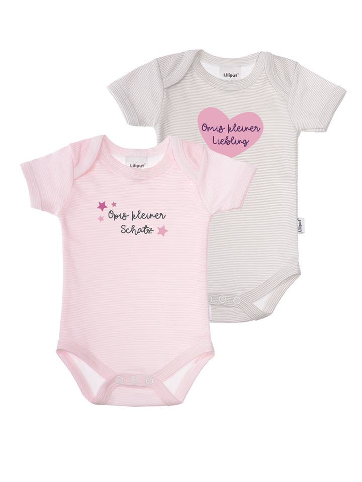 Confezione da 2 body a maniche corte con scollo a V in rosa e grigio a righe con stampa "Tesoro della nonna". per la vendita all'ingrosso da parte di Liliput
