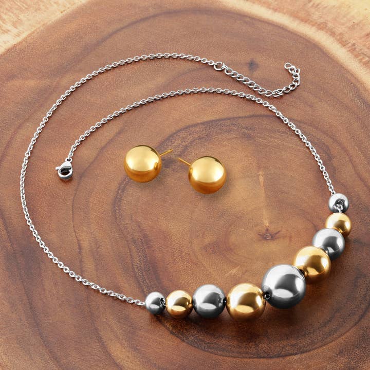 West Coast Jewelry – Conjunto de joias por atacado – Conjunto de colar e brinco de contas de aço inoxidável de dois tons2