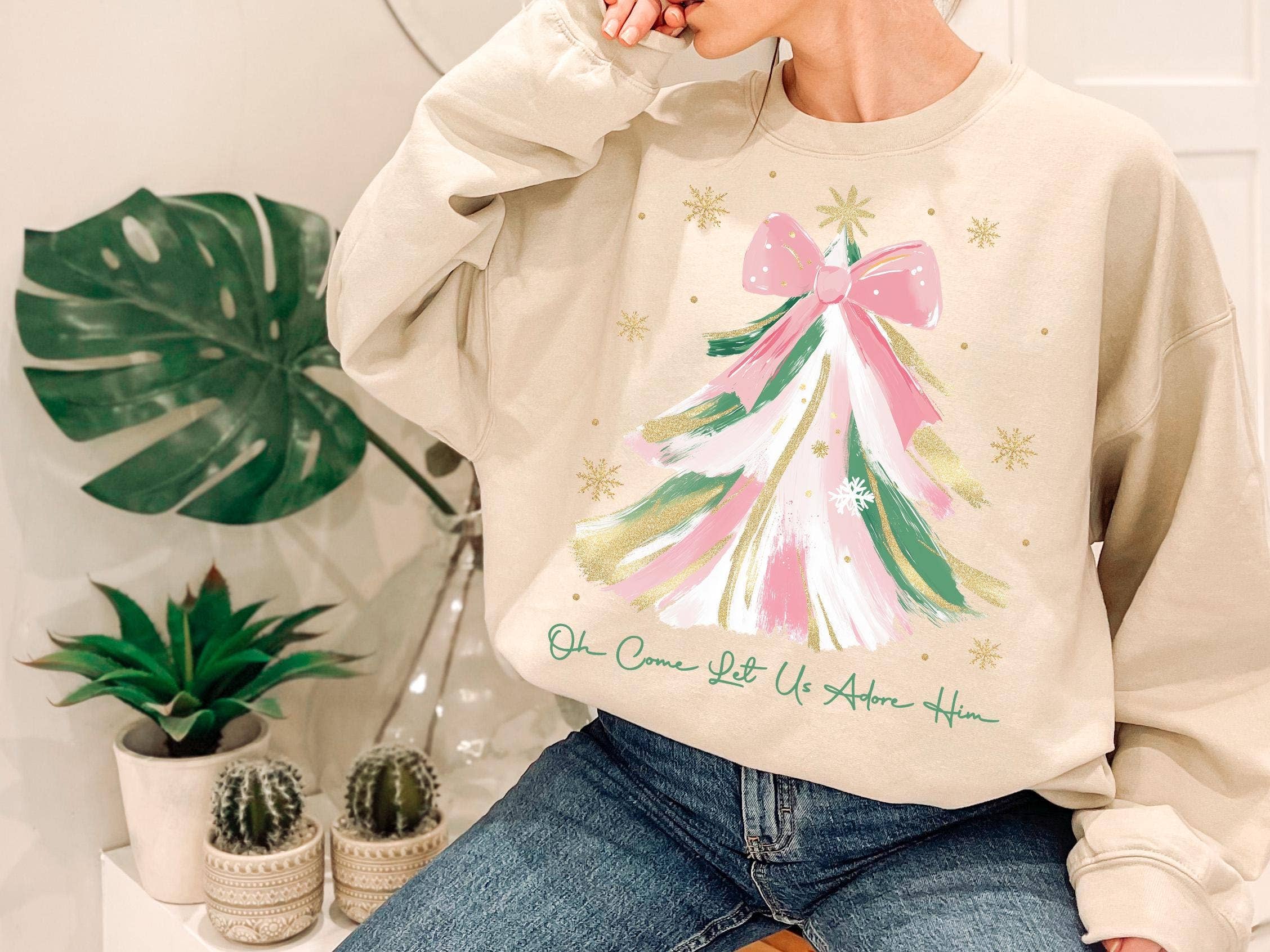 NVC Ecommerce LLC - Wholesale T-Shirt (Graphic) - Women's - Oh Come Let Us Adore Him Sweatshirt, Christmas Tree Shirt2
