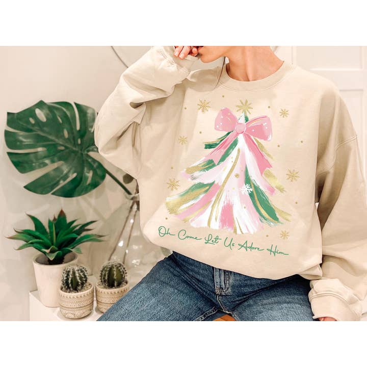 NVC Ecommerce LLC - Wholesale T-Shirt (Graphic) - Women's - Oh Come Let Us Adore Him Sweatshirt, Christmas Tree Shirt2