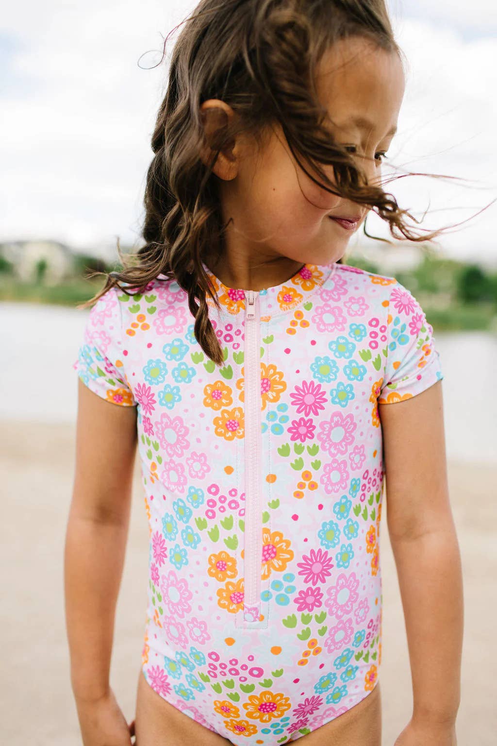 Ollie Jay - Wholesale One Piece Swimsuit - Kids - Zoey Swim in Pink Flowers | Girls UPF 50 Swimwear