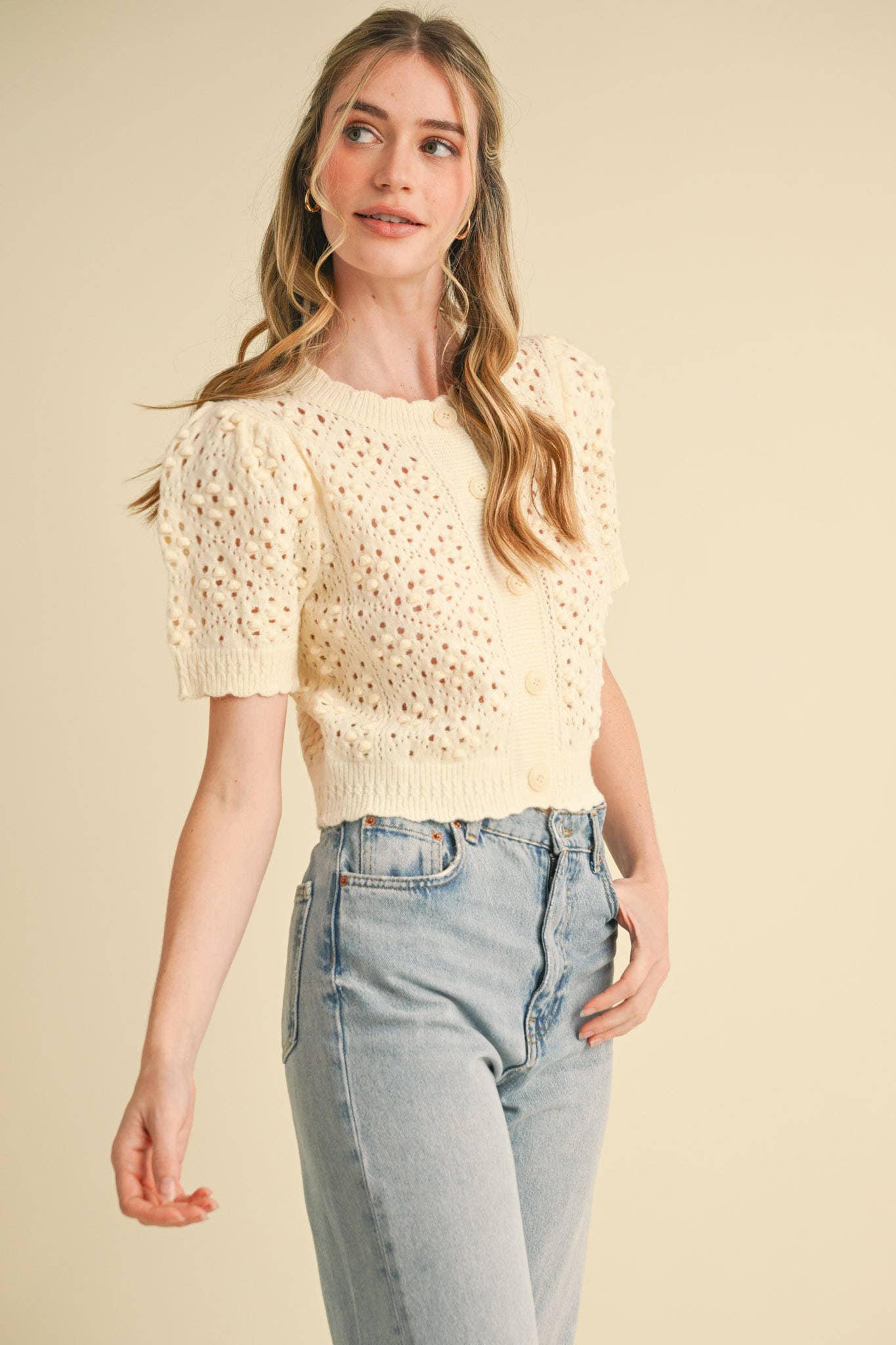 &MERCI - Wholesale Cardigan - Women's - CROPPED POINTELLE BUTTON DOWN SWEATER CARDIGAN MSW1085710