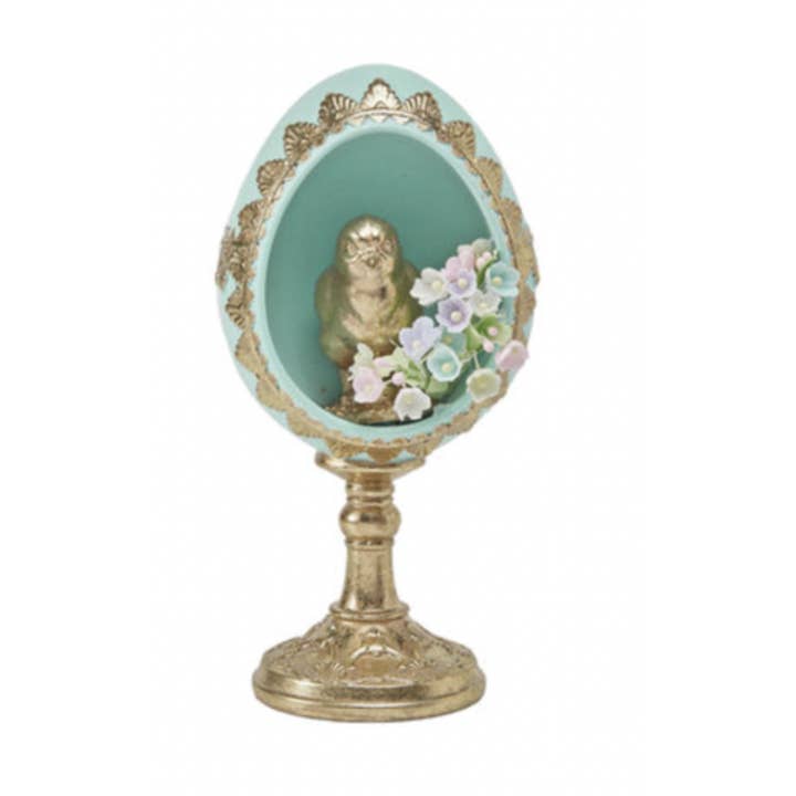 8" Pedestal Teal Egg with Gold Chick for wholesale by Dunn Deals
