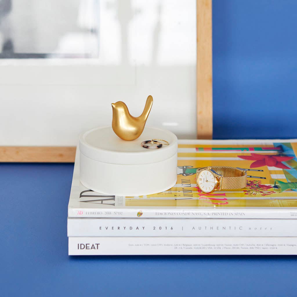 Balvi – Organizador/caixa de joias por atacado – Caixa de joias Birdie em porcelana branca fosca com pássaro dourado2