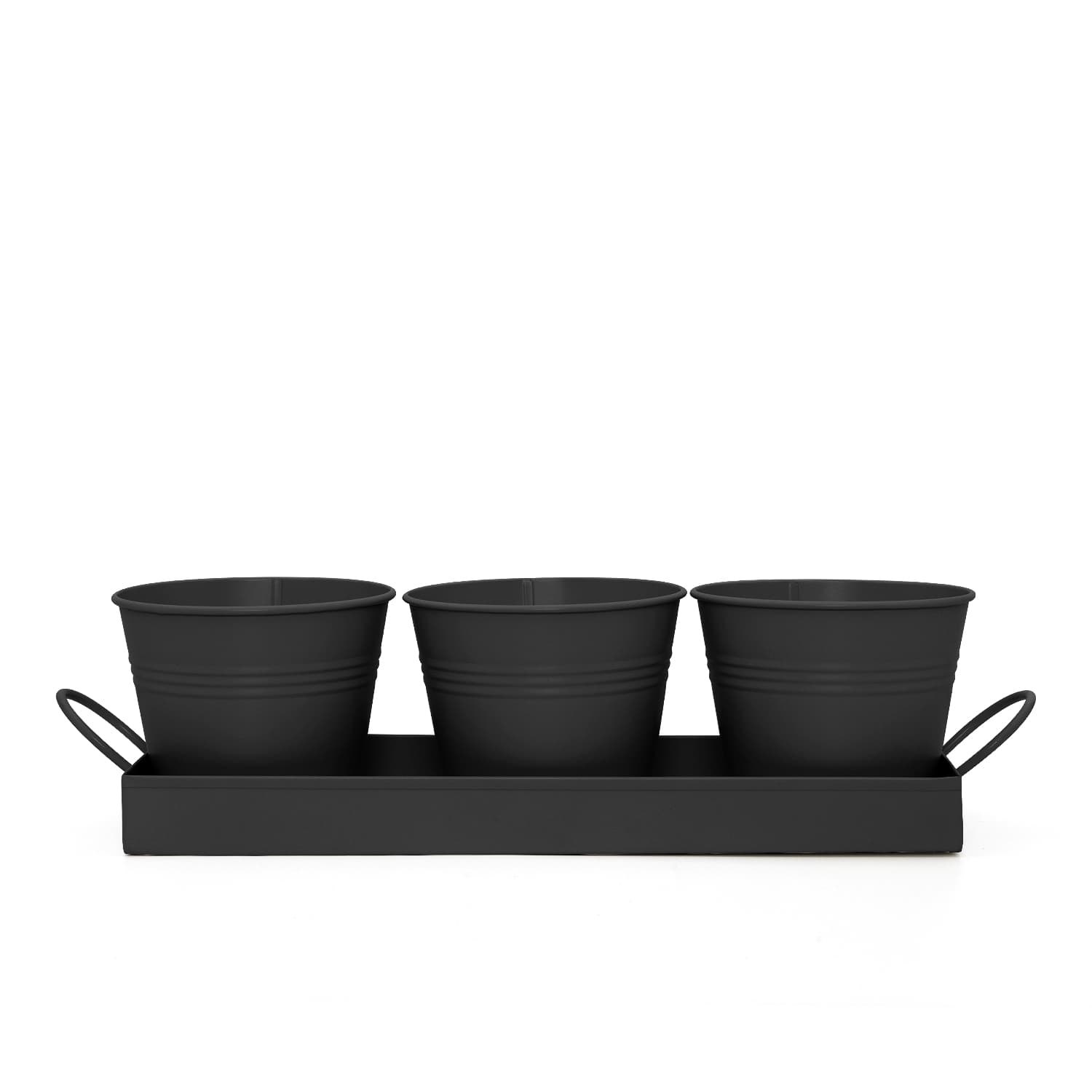 Wholesale Gifts Tomorrow – Engroshandel Plantekrukke – Sæt med 3 metal urte-/plantepotter med drypbakke (mat sort)2