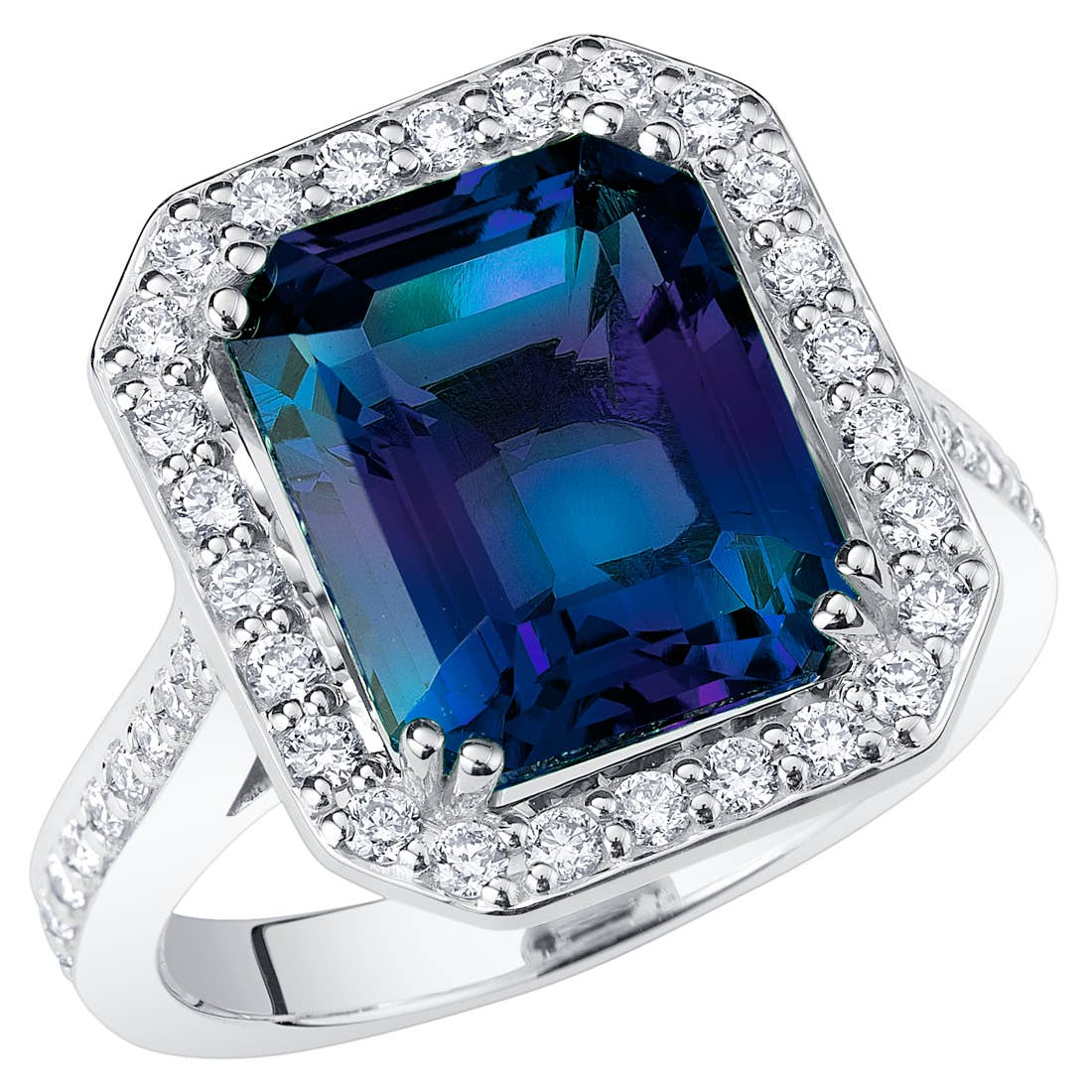 DV Custom Jewelry USA - Wholesale Engagement Ring - 7ct Emerald Cut Alexandrite Halo Ring0