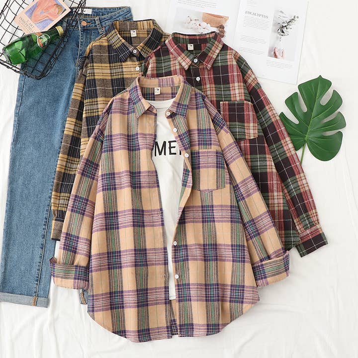 Rosa Clothing - Wholesale Button Down Shirt - Women's - Essential Basic Relaxed plaid cotton blend button-down shirt12