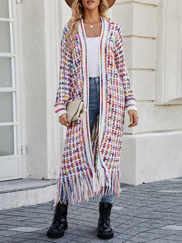 Long Sleeves Loose Plaid Tasseled Collarless Cardigan Tops for wholesale by StyleGalX