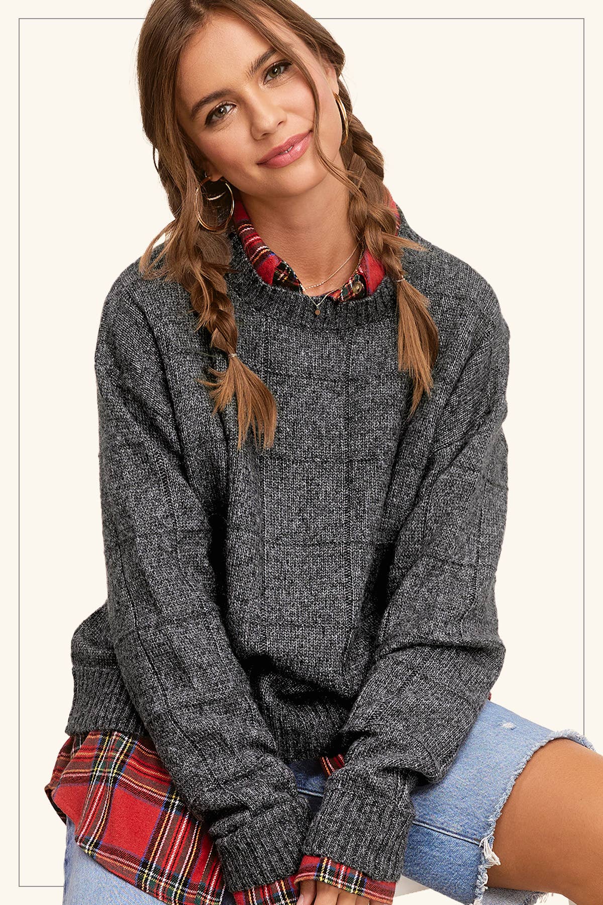 La Miel – Engroshandel Pullover - Dame – La Miel løs sweater med tofarvet vindueskarmmønster0