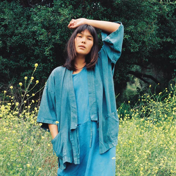 Plant dyed Retreat jacket in Indigo for wholesale by rainbow + yarrow