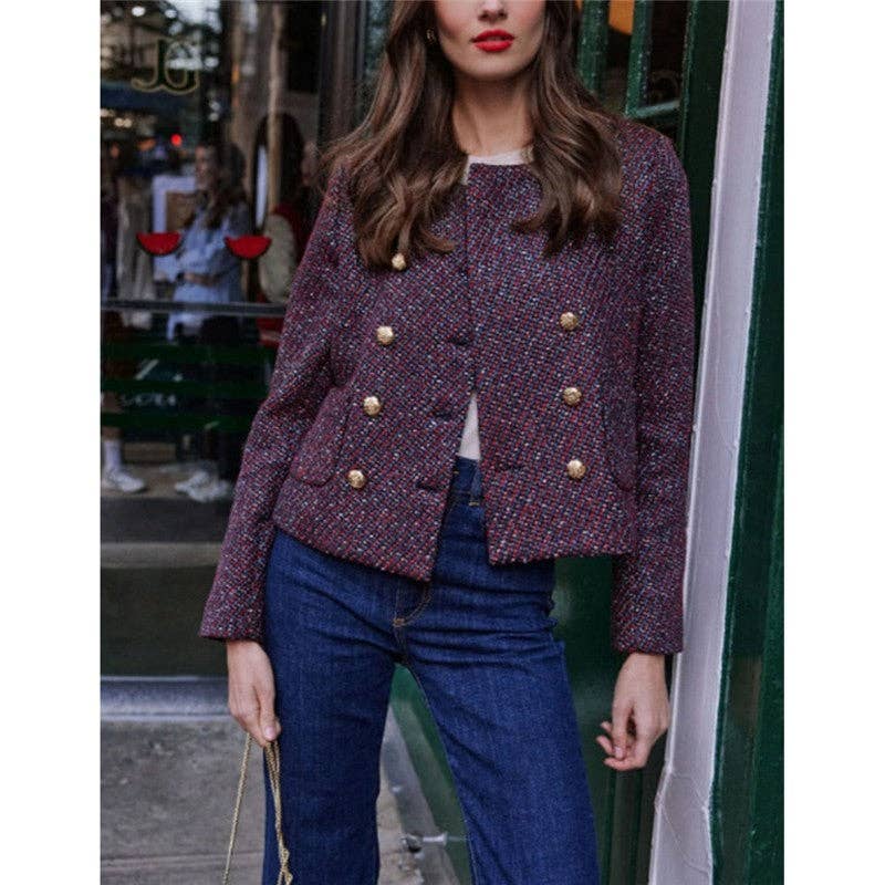 FurDecoration - Wholesale Jacket - Women's - Solid Color Round Collar Double Breasted Tweed Jacket5