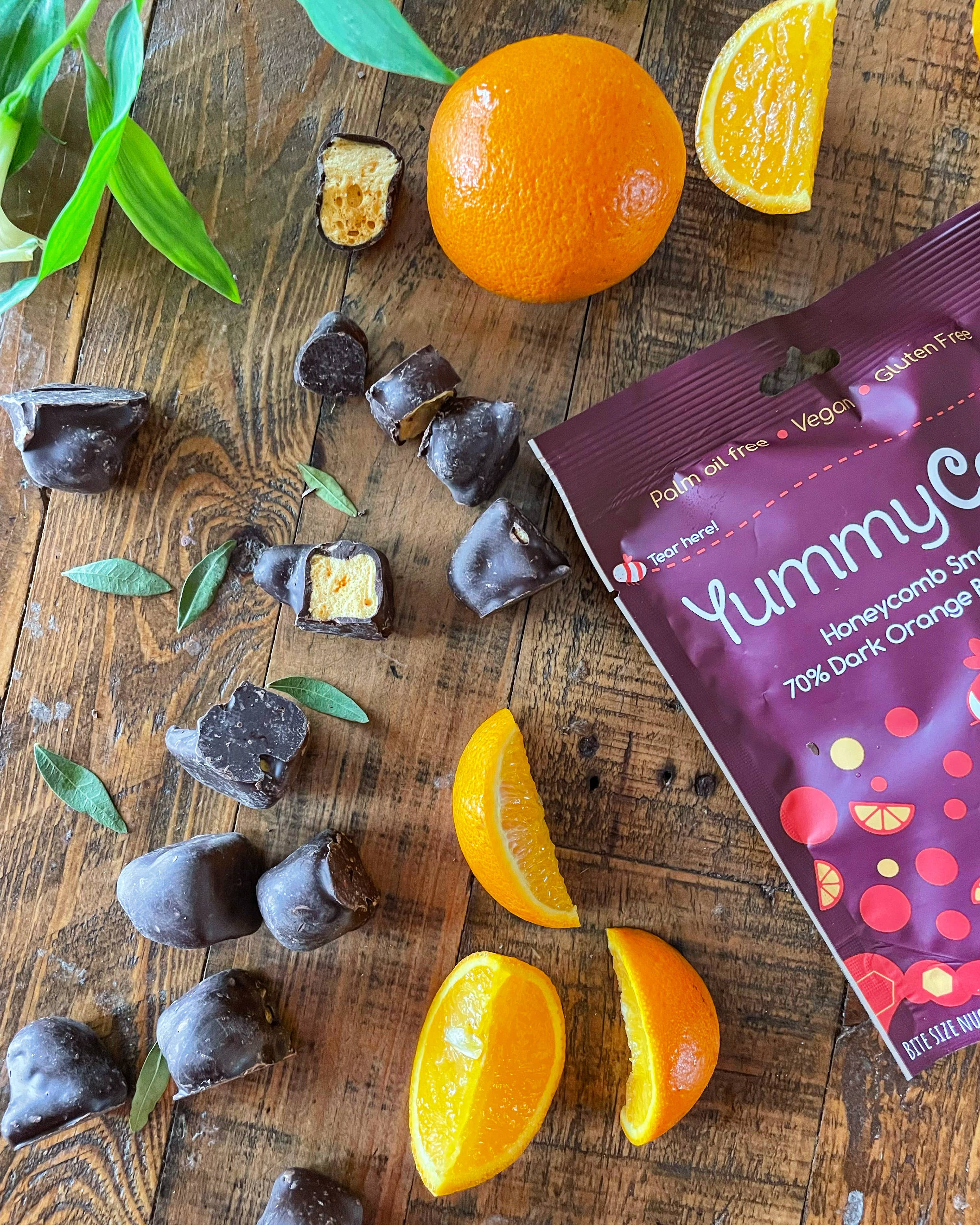 Yummycomb - Wholesale Chocolate Covered Sweets - 6 x 70% Dark Orange Belgian Chocolate Honeycomb pouches 100g1