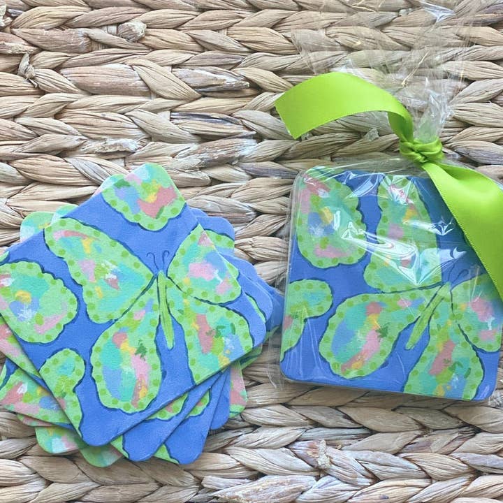 Spring Green Butterfly Paper Coasters for wholesale by Lemondaisy Design