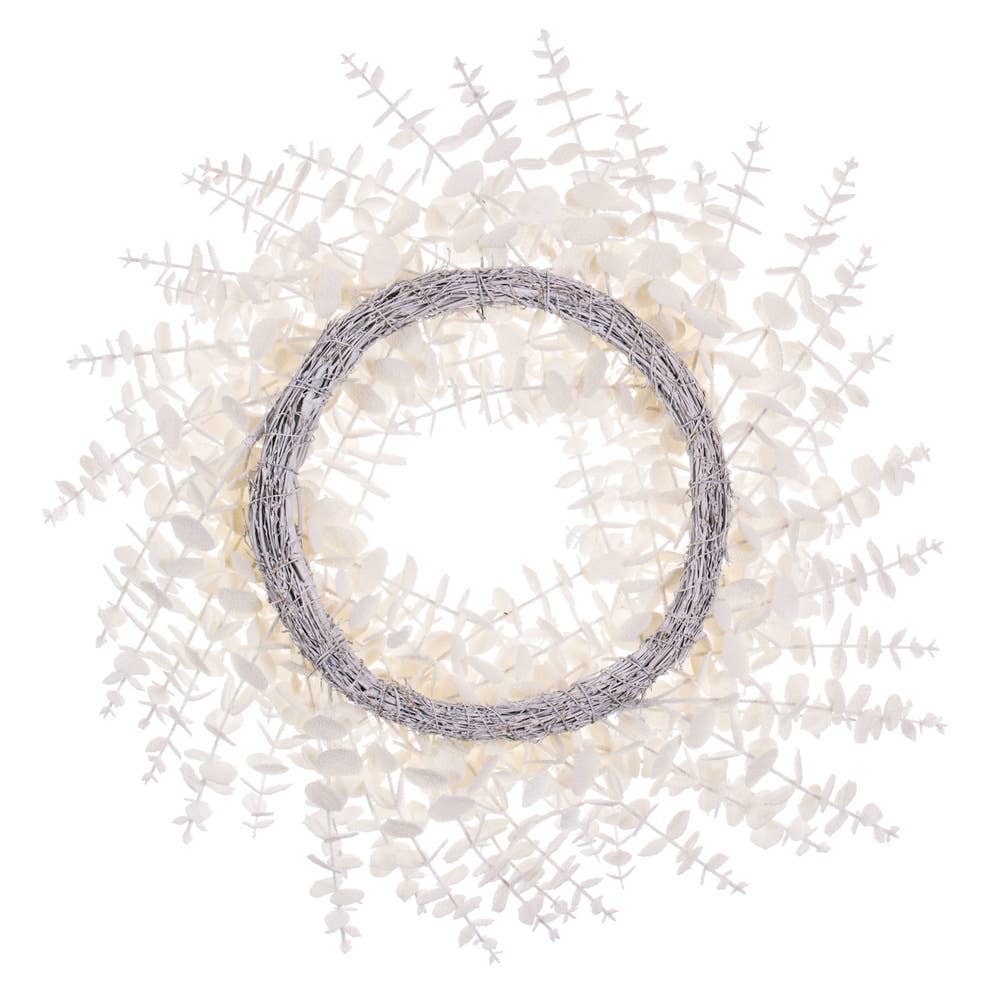 Vickerman 24" White Eucalyptus Snowy Wreath for wholesale on Faire2