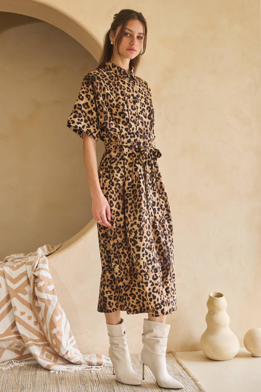 Brown Leopard Animal Printed Button Down Shirt Dress for wholesale on Faire1