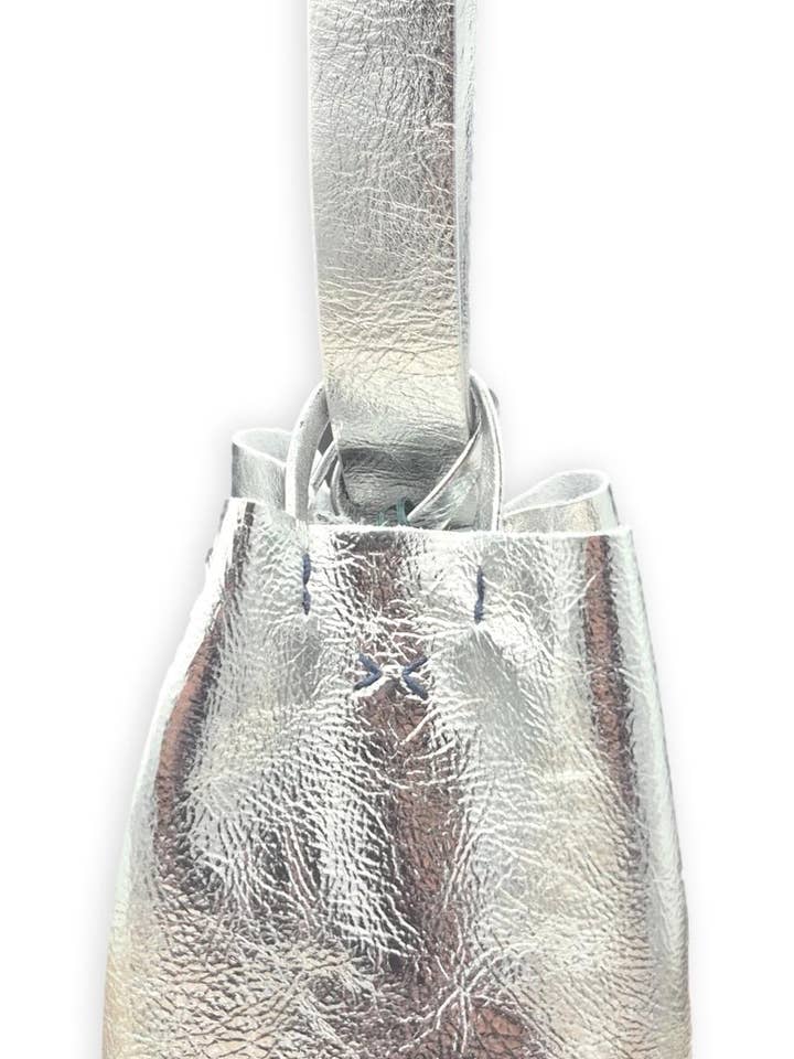 navigli bag | silver upcycled leather with gray stitches for wholesale by VOLTA ATELIER