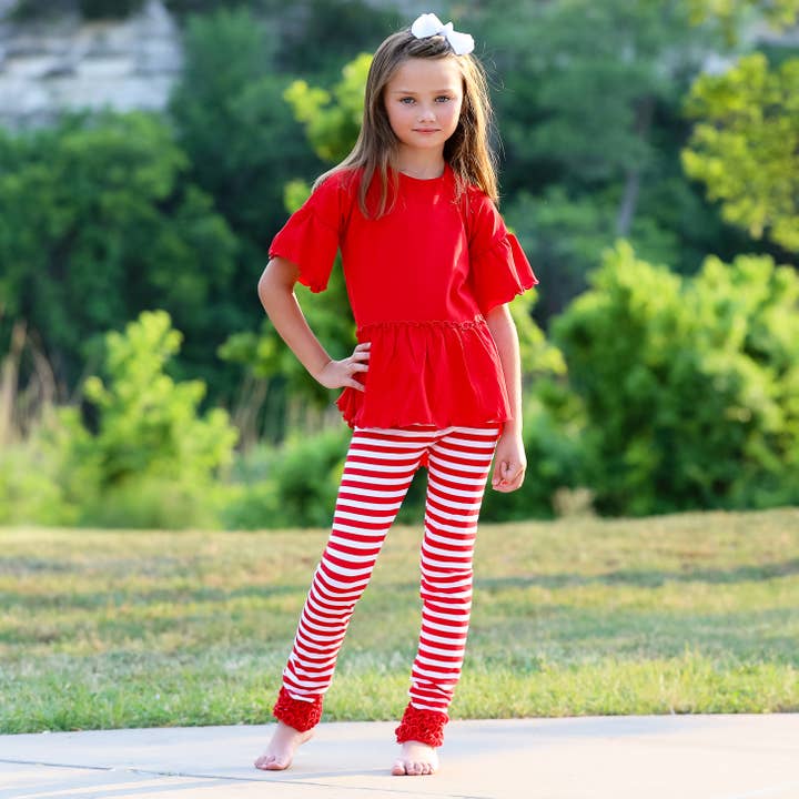AnnLoren – Großhandel Fashion-Leggings – Kinder – AnnLoren Leggings mit Rüschenärmeln für Mädchen, rot gestreift8
