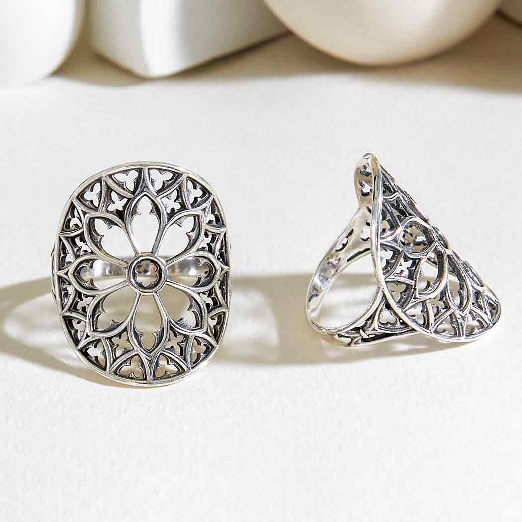 Nina Designs - Wholesale Cocktail/Statement Ring - Sterling Silver or Bronze Cathedral Rose Window Ring0