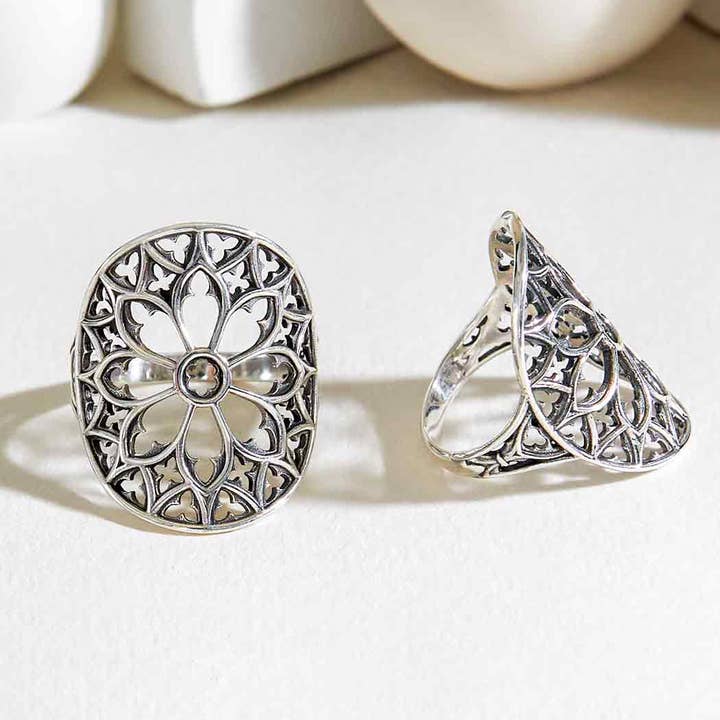 Nina Designs - Wholesale Cocktail/Statement Ring - Sterling Silver or Bronze Cathedral Rose Window Ring