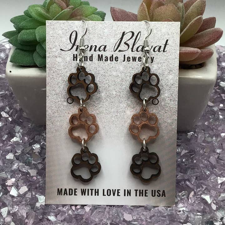 Paw Print Walnut with Rose Gold Paw Wood Earrings for wholesale by Irena Blavat Designs