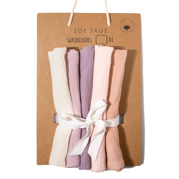 Zoe Sage - Venta al por mayor Paños de lavado - Niños y bebés - Toallitas de muselina orgánica para bebés, paquete de 5, colorete de lavanda