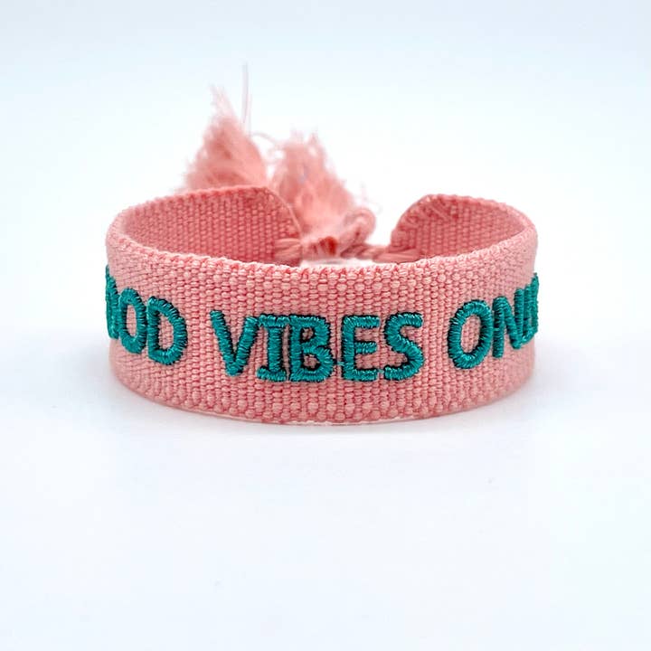 GOOD VIBES ONLY statement bracelet woven, embroidered for wholesale by Parsley & Pepper
