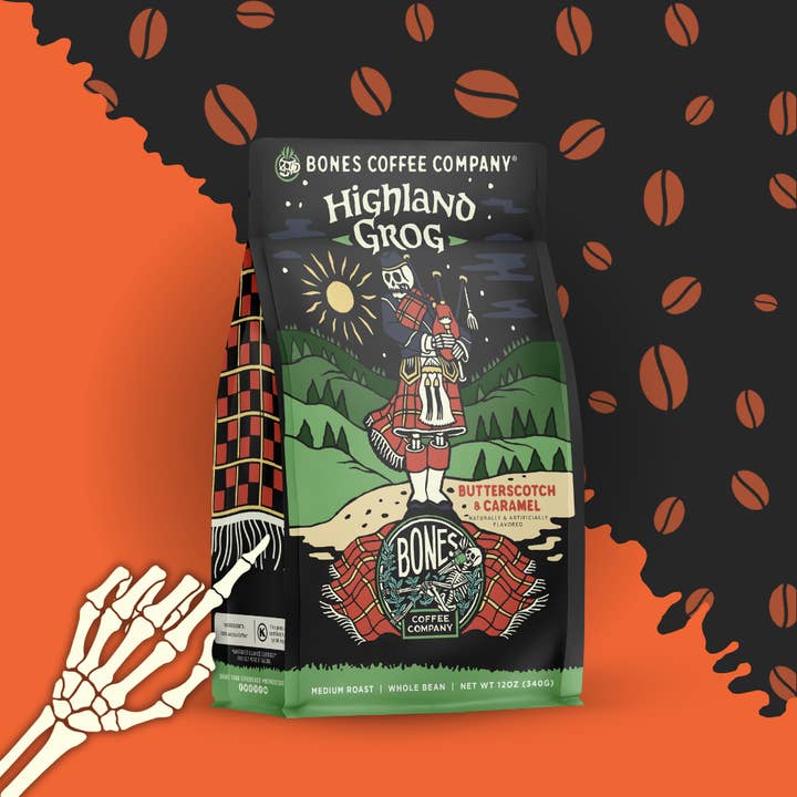 Bones Coffee Company – wholesale Ground coffee – Highland Grog Flavored Coffee | 12oz | Whole Bean & Ground
