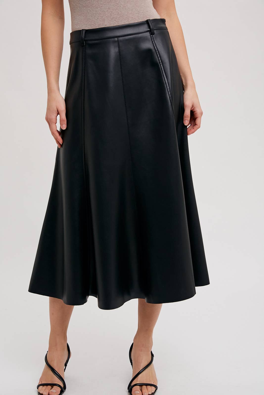 Bluivy - Wholesale Skirt - Women's - FAUX LEATHER FLARE MIDI SKIRT13