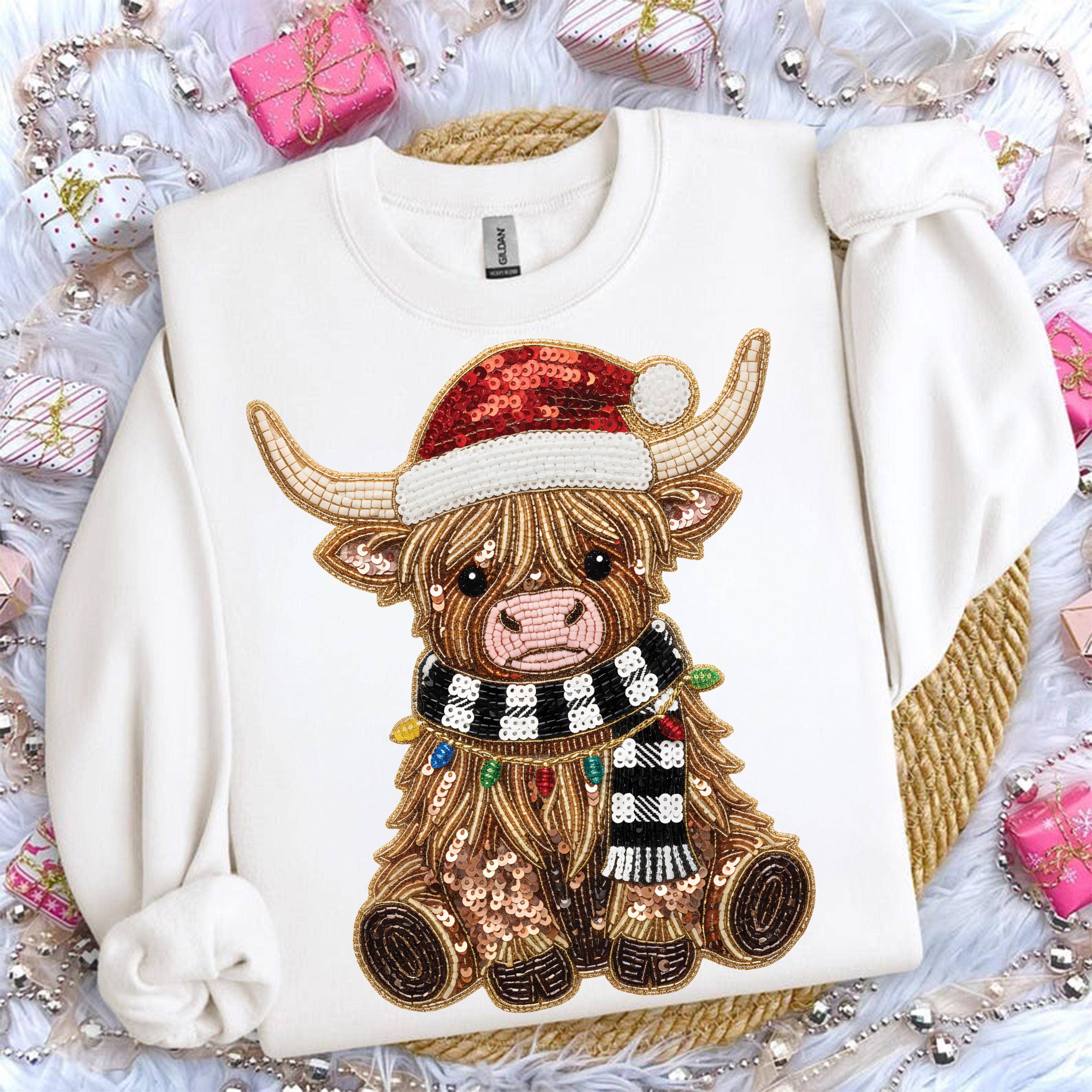 NVC Ecommerce LLC - Wholesale T-Shirt (Graphic) - Women's - Highland Cow Christmas Shirt, Sequin Santa Hat Sweatshirt3