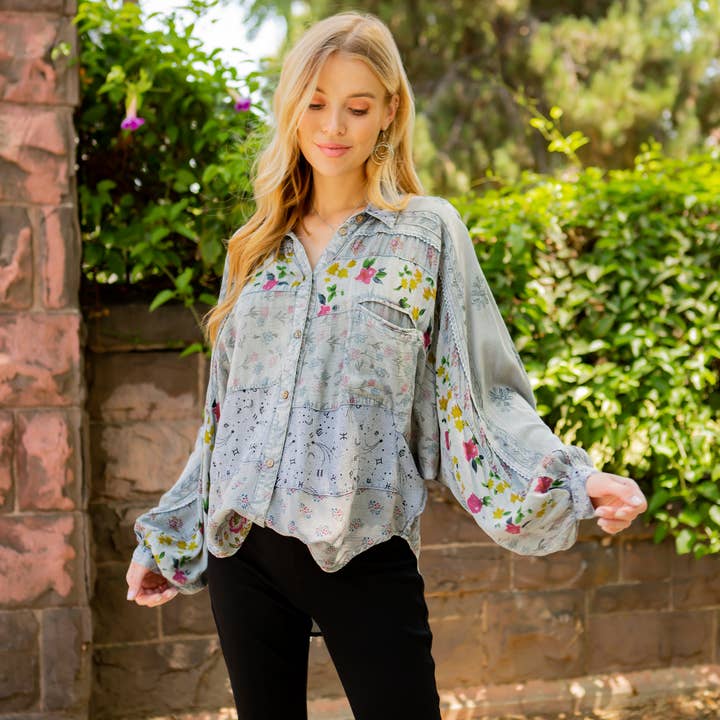 Young Threads - Wholesale Button Down Shirt - Women's - Women’s Mix Media Top - Printed Patchwork Design