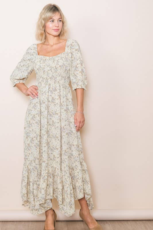 Elloh Collection – wholesale Dress – Women's – Sweetheart Half Sleeve Handkerchief Hem Floral Maxi Dress6