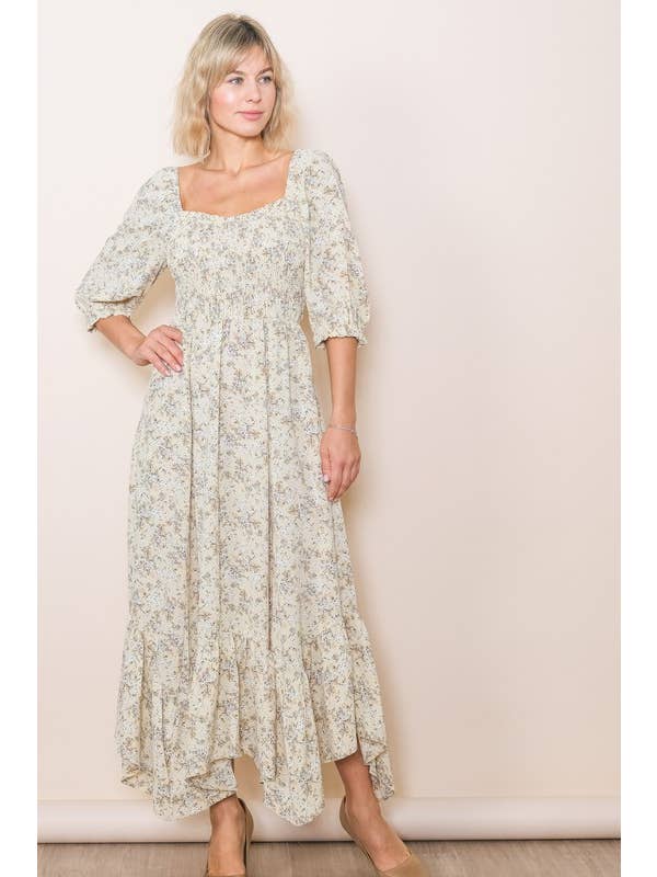 Elloh Collection – wholesale Dress – Women's – Sweetheart Half Sleeve Handkerchief Hem Floral Maxi Dress6