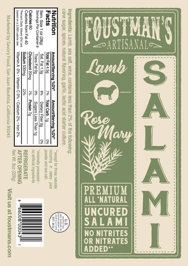 Foustman's Salami - Vente Salamis - ROMARIN D'AGNEAU | SALAMI NON SÉCHÉ ENTIÈREMENT NATUREL FOUSTMAN'S - 8oz2