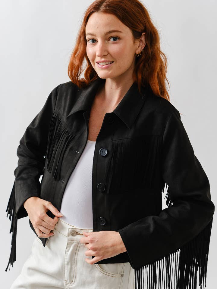 MAJ3277 FAUX SUEDE FRINGE JACKET for wholesale by Aaron & Amber