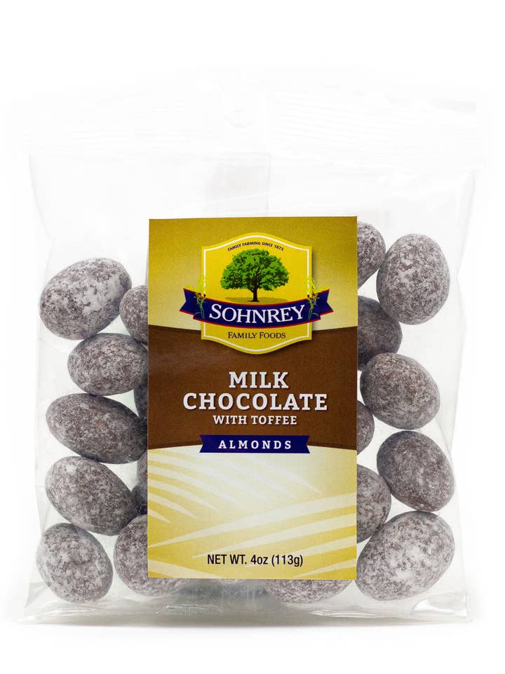 Milk Chocolate and Toffee Almonds 4 oz for wholesale by Sohnrey Family Foods LLC