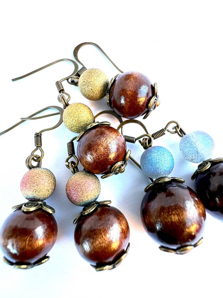 Antique Bronze Wood Dangle Earrings 3 Pack for wholesale by Beaded Vision Jewelry