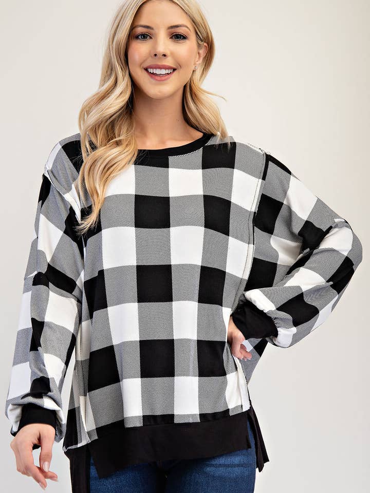 PLUS SIZE PLAID PULLOVER CREWNECK TOP -CT43914E-PL for wholesale by Celeste Clothing