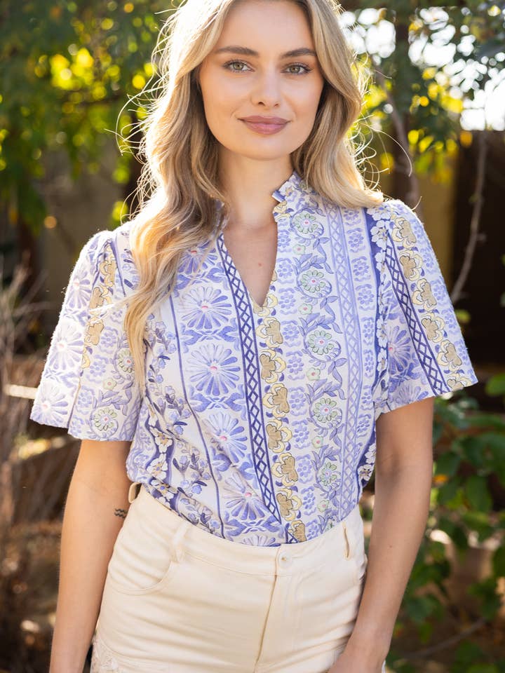 36311 Ruffle V-Neckline Floral Print Embroidery Top for wholesale by VOY