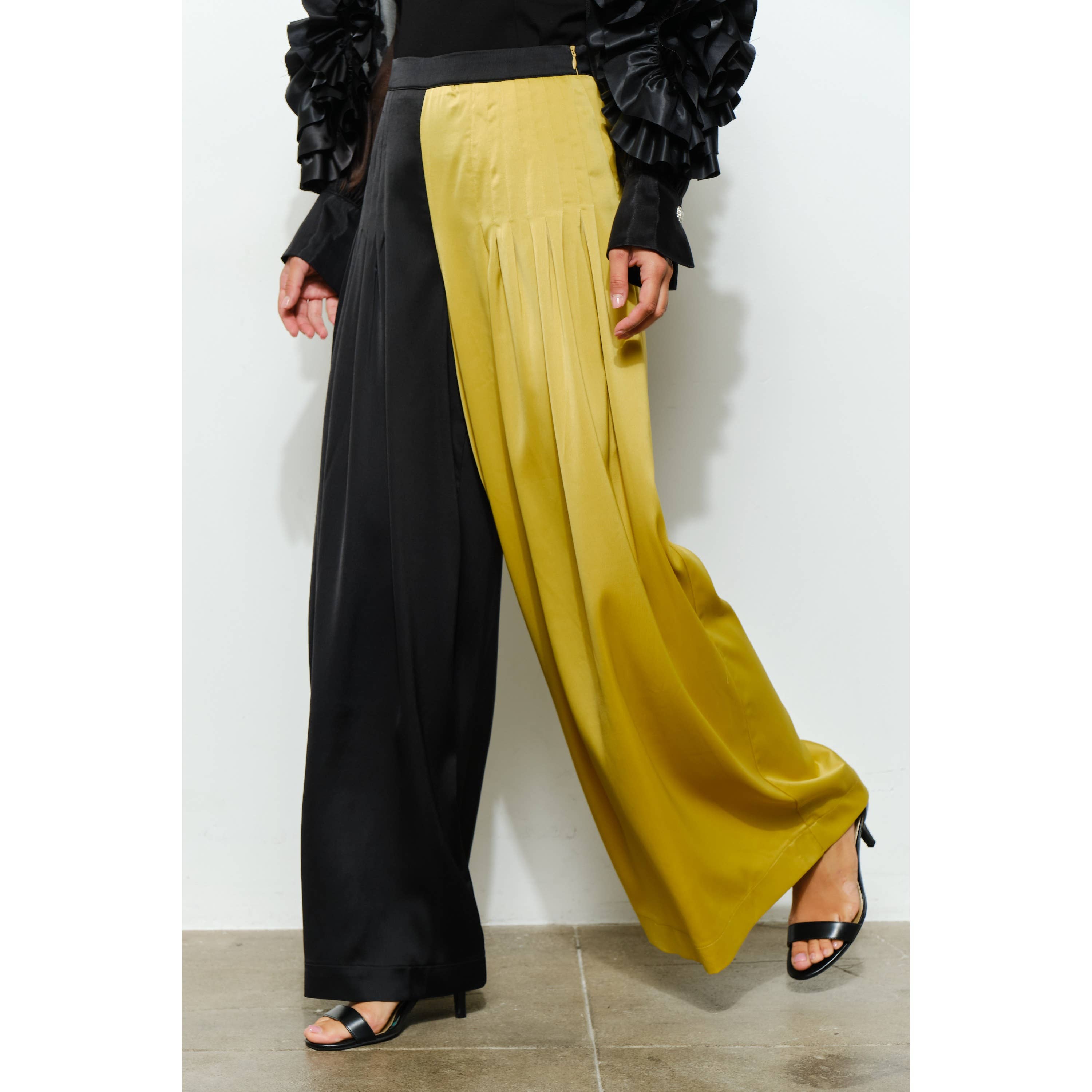 BLACK MUSTARD High Waist Color-Block Pleated Wide-Leg Pants for wholesale on Faire2