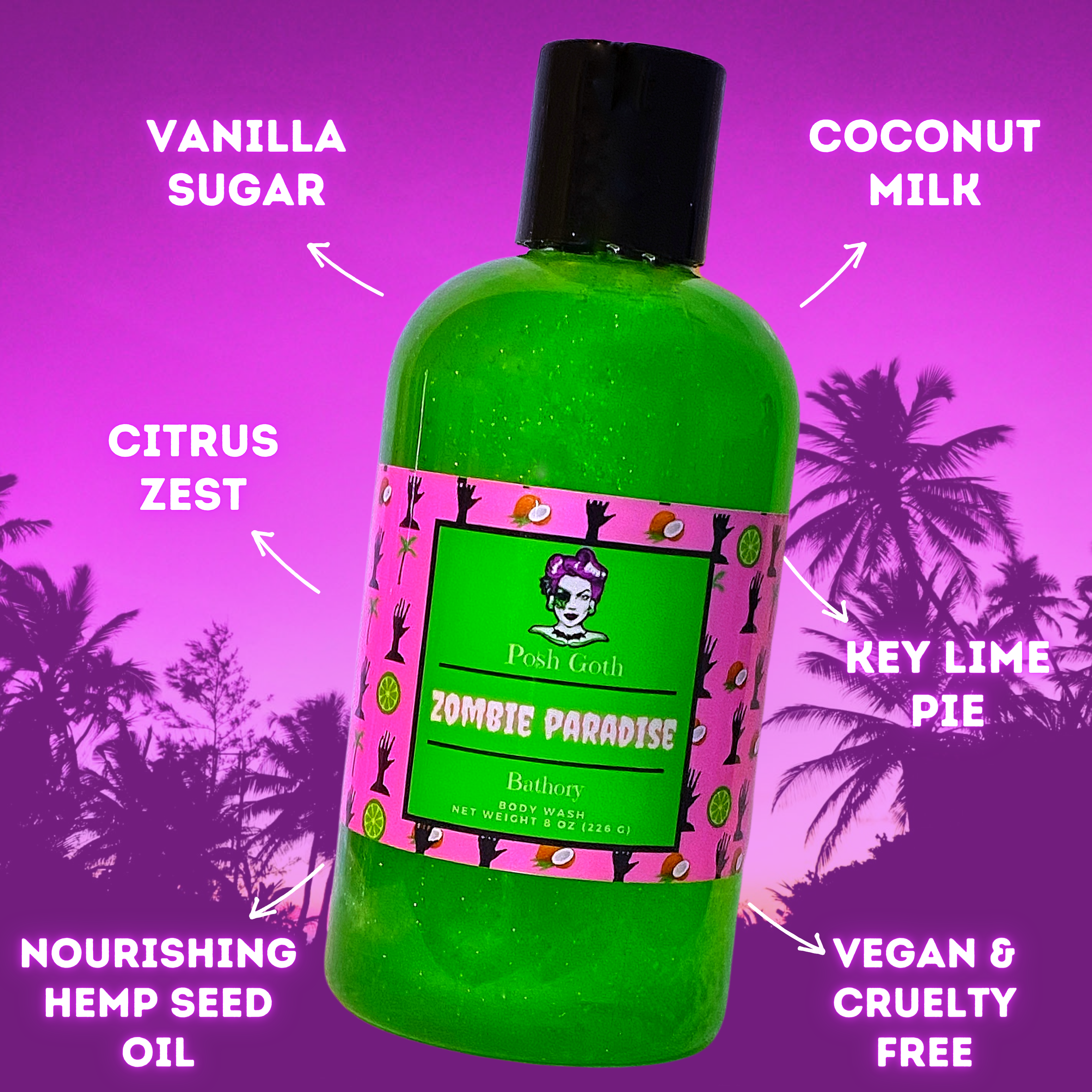 Posh Goth - Wholesale Bubble Bath - Zombie Paradise Body Wash – Coconut Cream and Key Lime | Witchy Bath and Body | Goth Beauty Vegan Wash2