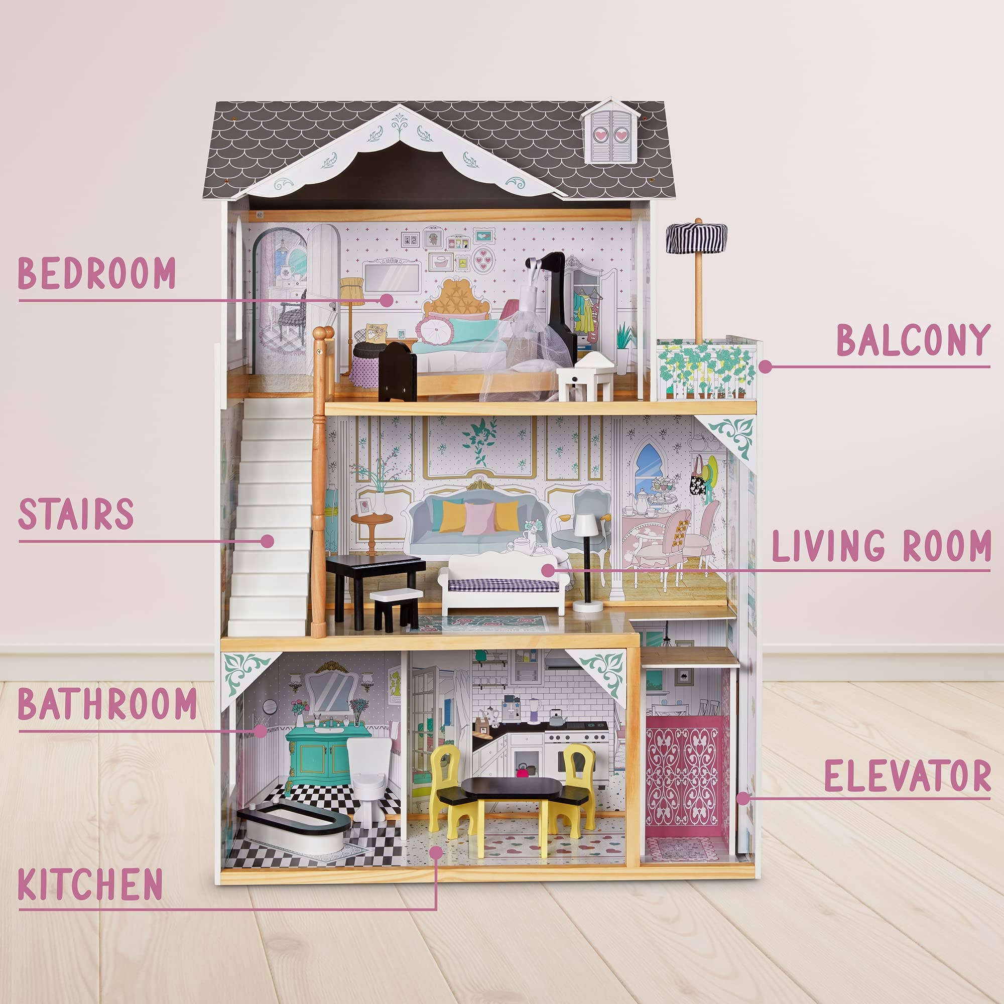 Jumbl - Wholesale Doll Accessory Kit - Kids - 3-Story Wooden Doll House Set W/Elevator, Balcony & Stairs8